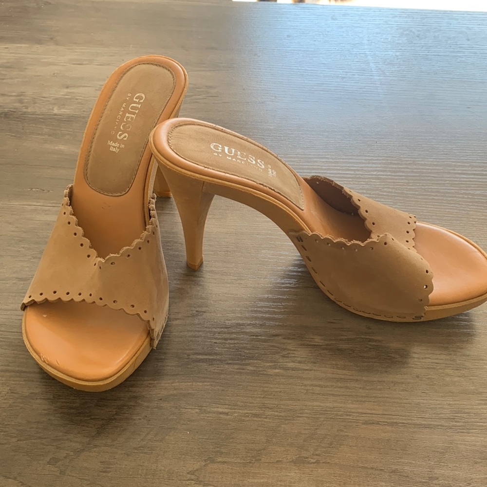 Guess tan open toe/ open back heels size 7